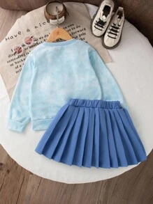 Elladie kids 2件套幼儿女童蓝色扎染图案印花卫衣和百褶裙休闲时尚套装 - 藍色 - 查看 2