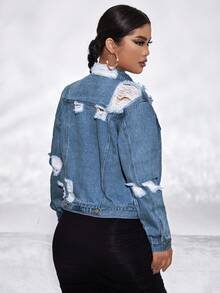 EURMUSE Casual Fashion Versatile Daily Long Sleeve Women Denim Jacket - Teal Blue - View 2