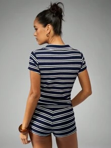 MISSGUIDED Bộ đồ polo ngắn tay cổ chữ V dệt kim gân hai mảnh phối đồ phù hợp mặc ở nhà mùa hè mùa xuân kỳ nghỉ nghỉ dưỡng thường ngày - Màu xanh hải quân - Xem 2