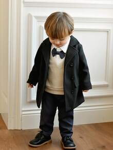 SHEIN Souflis 男婴翻领长袖风衣，舒适时尚简约设计，秋冬季必备外套，婴儿外套，中长款针织大衣，男婴外套，男婴外套，婴儿外套，男婴冬季外套