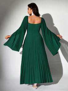 Viva Relle 大码女式优雅浪漫褶皱雪纺长袖连衣裙 - 墨綠色 - 查看 3