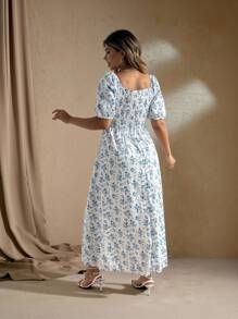 Roveilla Plus Size Summer Elegant Ditsy Floral High Slit Dress - Blue and White - View 2