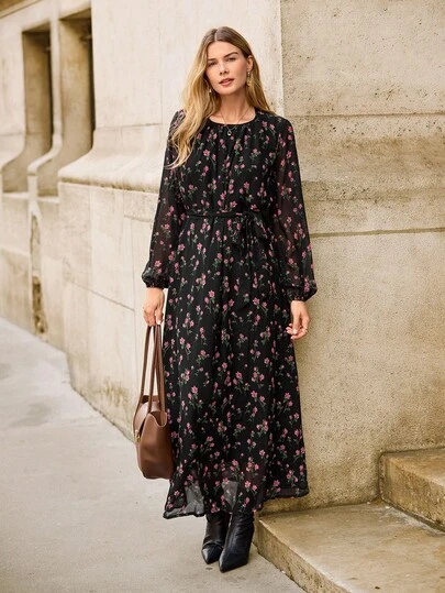 EMERY ROSE Women's Floral Print Lantern Sleeve Casual Dress For Vacation