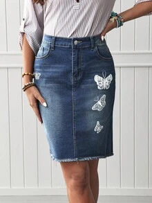 EMERY ROSE Women's Butterfly Printed Fringe Denim Skirt, Summer - Medium Wash - View 1