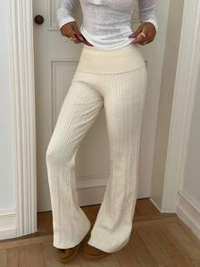 Aloruh Women's Casual Slim Fit Flared Leg Knitted Pants, Versatile For Home, Commute, Outing, Autumn/Winter, Beige,Fall - Apricot - View 3