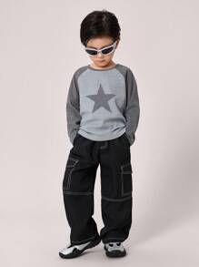Kids Boys' Casual Everyday Comfortable Patch Pocket Contrast Color Loose Straight Leg Cargo Pants, Suitable For School, Garden, Beach, Birthday, Spring, Summer, Fall, Winter Seasons, Black Jeans, Cargo Pants, Baggy Jeans, Boys Clothes, School Clothes, Baggy Pants, Khaki Pants, Wide Leg Pants