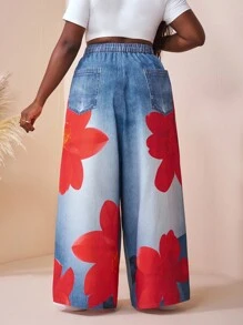 SHEIN CURVE+ Plus Size Floral Print Denim Effect Pants, Autumnfall Clothes For Women,Winter,CURVE PLUS/Autumn /Winter - Multicolor - View 2