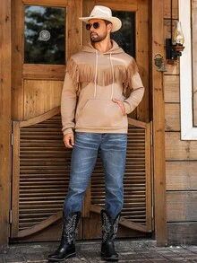 Manfinity Nomadique Men's Fringe Trim Drawstring Hooded Pocket Long Sleeve Casual Sweatshirt Western Hoodie Fringe Hoodie Mens Hoodie, Western Hoodies Men, Light Brown Hoodie, Fringe Hoodie, Western Clothes