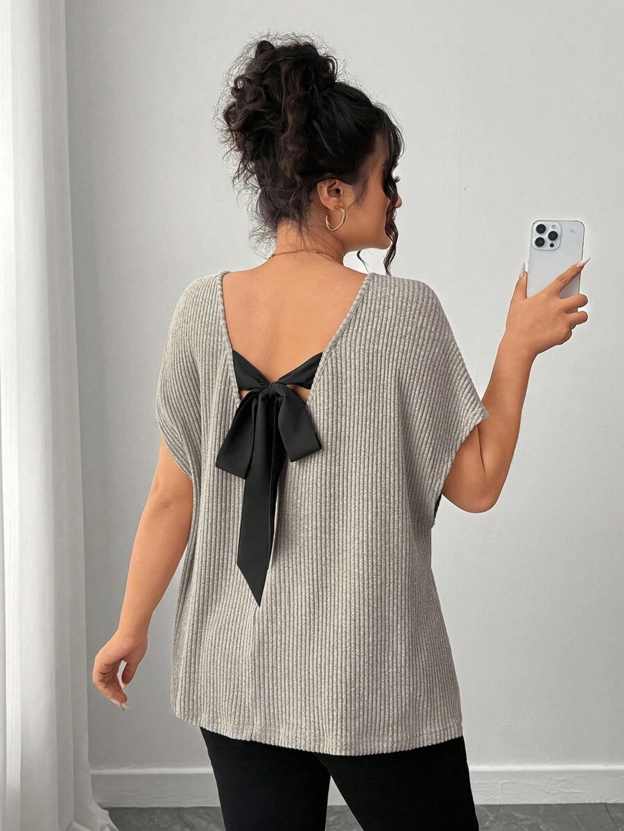 SHEIN CURVE+ Áo thun nữ tay ngắn hở lưng màu trơn, họa tiết nơ, thường ngày, mùa hè - Màu be - Xem 1