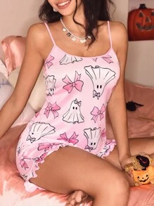 SweetSlumber Cute Ins Halloween Bow & Ghost Strap Women Pajama Set Cute Sleepwear Cute Nightgown - Multicolor - View 1