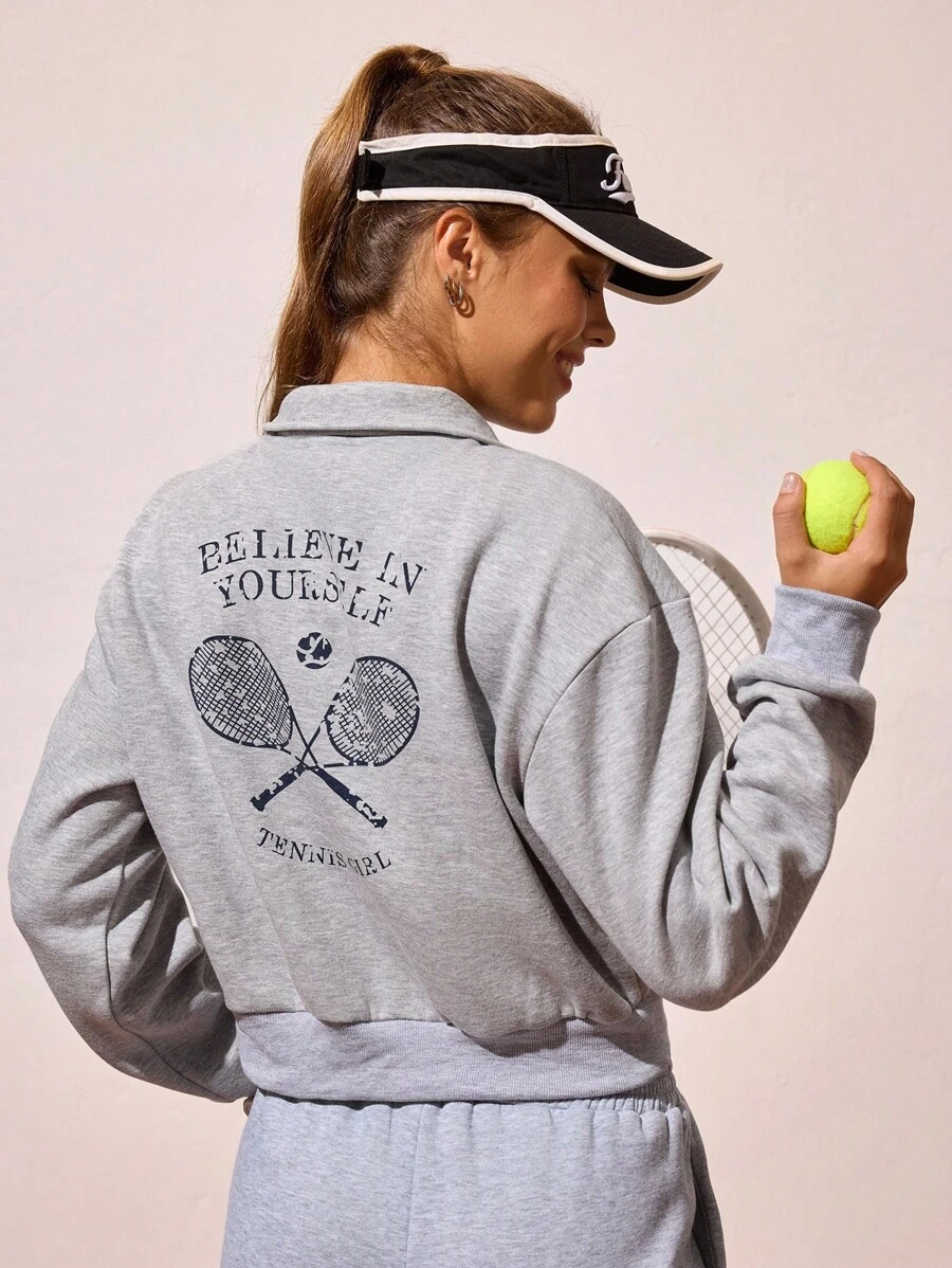 CourtClass Women's Fleece Tennis Jacket Fleece Tennis Sweatshirt With Printed Back, Warm Sweatshirt For Winter/Autumn, Women's Athletic Top, Tennis Tops, Women Tennis Outfit - Grey - View 1