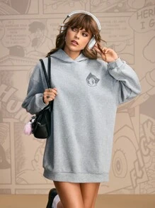 Astro Boy X SHEIN Women's Short Cartoon Figure Graphic Rhinestone Hooded Dress - Light Grey - View 2