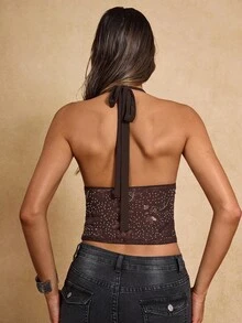 SHEIN BAE 女士秋季棕色亮片露背吊带上衣，时尚亮片上衣，适合芝加哥音乐节、外出、夜生活、乡村音乐节、约会、锐舞派对、演唱会、复古上衣、性感夜店装扮、约会之夜、情人节等场合。 - 棕色 - 查看 2