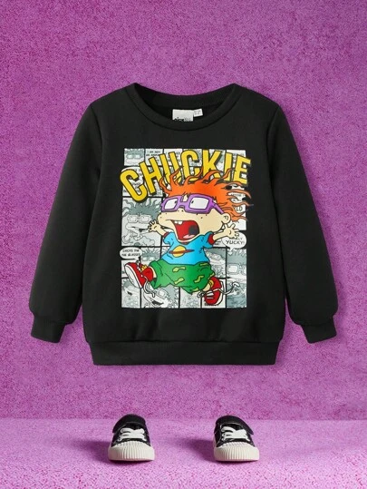 Nick 90s | SHEIN Young Boy Cartoon Black & White Comic Graphic Front Print Crew Neck Pullover Sweatshirt, Autumn/Winter