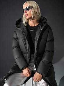 CasuGlow Urban Casual Minimalist Winter Fashion, Long Black Padded Coat, Hooded Design, Full-Length Silhouette, Modern Streetwear Look, Plus Size Travel - Black - View 3