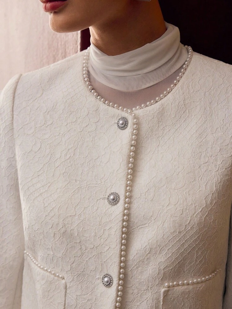 LACE FAUX PEARL TRIM BOXY JACKET