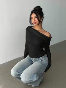 Aloruh 女士休闲不对称T恤，扭结纯色T恤，适合日常通勤和家居穿着，花卉网眼针织长袖T恤 - 黑色 - 查看 4