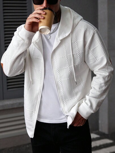 Manfinity Homme جاكيت رجالية بسحاب، طراز شارع ناضج بقماش ذو ملمس متباين، جاكيت بسحاب للرجال باللون الأبيض، هوديز رجالية كاجوال