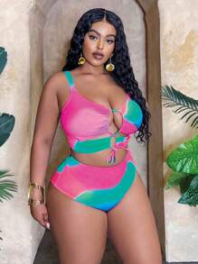 Slaydiva 大码女式三件套泳衣套装 - 渐变随机印花系带镂空上衣，搭配三角形下装和抽绳沙滩裙，性感海滩度假装 - 粉色 - 查看 3