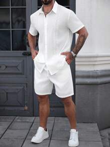 Manfinity CasualCool Men's Summer Solid Color Contrast Lace Single-Breasted Casual Shirt