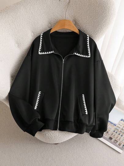 CosyJoli 女式加大码撞色镶边口袋设计休闲运动衫，百搭秋冬夹克