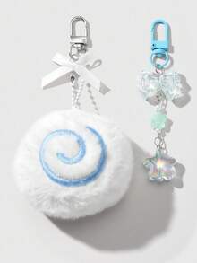 ROMWE Kawaii 3pcs Minimalist Cute Sweet Versatile High-Quality Blue Plush Fish Cake Swirl Resin Bow Flower Star + 80cm White Lace Headband Combo Set, DIY Keychain Bag Pendant, Suitable For Women, Daily Wear, Holiday Gift - Blue - View 8