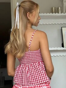 CovetEZ Top de tirantes de mujer de cuadros rojos y blancos de moda casual de verano - Rojo - Ver 2