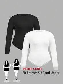 SHEIN PETITE CURVE 2pcs/Set Plus Size Women Casual Solid Color Knit Crew Neck Long Sleeve Bodysuit