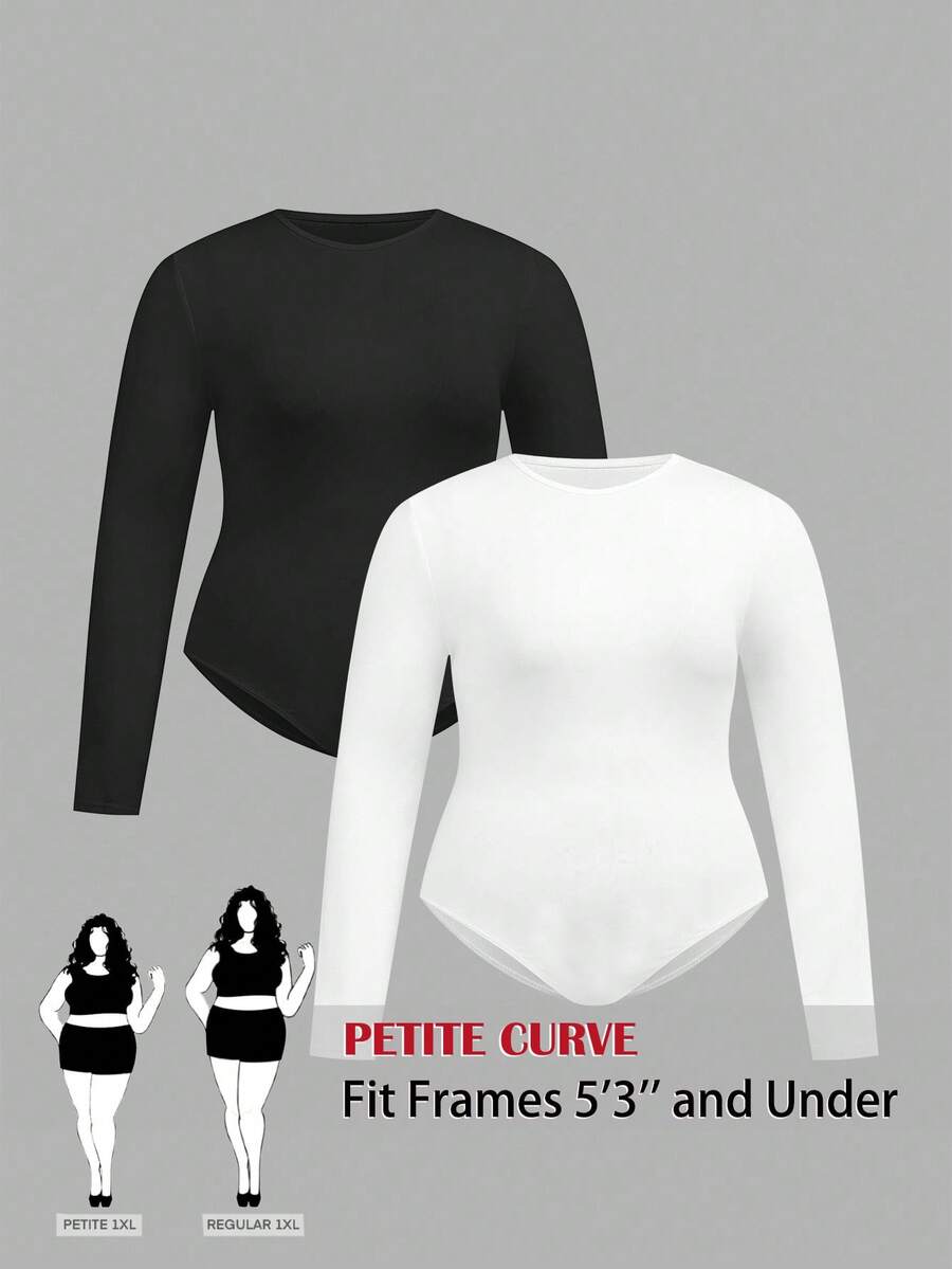 SHEIN PETITE CURVE 2pcs/Set Plus Size Women Casual Solid Color Knit Crew Neck Long Sleeve Bodysuit