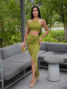 Carolina Barros Solid Crop Halter Top & Twist Front Split Thigh Skirt Two Piece - Green - View 1