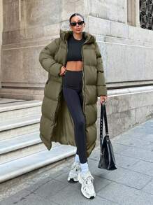 EURMUSE Contrast Zip And Puller Detailed, Keep Warming Feature Long Line Puffer Winter Coat - Army Green - View 4