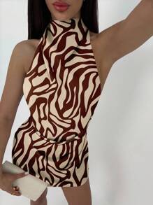 Aloruh 休闲性感风格优雅棕色抽象线条全印花图案女式休闲优雅露背挂脖系带迷你连衣裙，适合夏季、派对、海滩、复古 - 彩色 - 查看 4