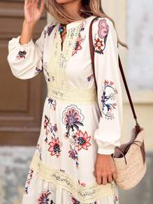 Brillora Váy ren tay đèn lồng họa tiết hoa tương phản dành cho kỳ nghỉ của phụ nữ - Màu be - Xem 5