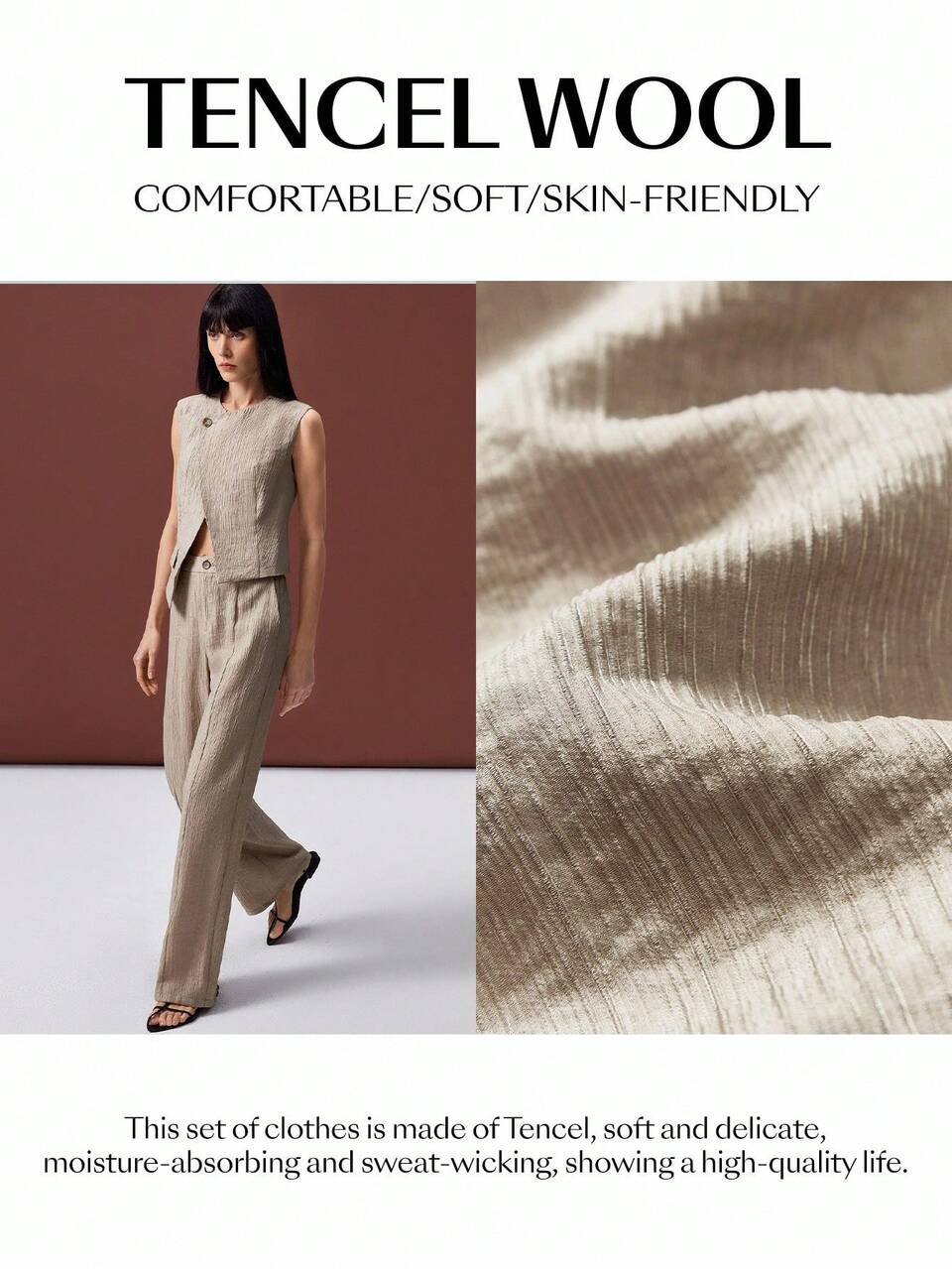 Women's Khaki Summer Smart Casual Office Suit Set, Lyocell Wool Jacquard Striped Asymmetric Sleeveless Top & Pants, Old Money Style Business Outfit