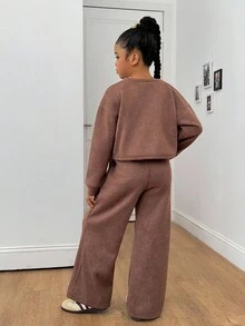 Sparklyn Tween Girls Casual All-Match Versatile Daily School Sports Street Acid-Washed Loose Cropped Sweatshirt + Wide Leg Pants Set Fall Winter - Brown - View 2
