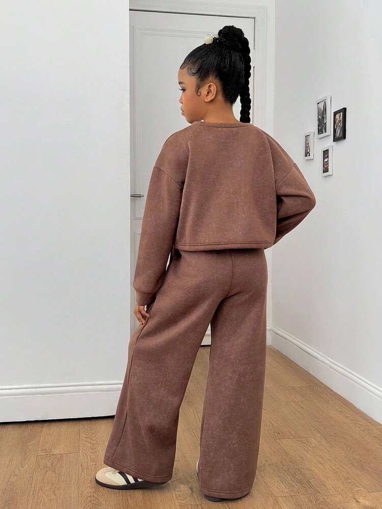 Sparklyn 少女休闲百搭日常上学运动街头酸洗宽松短款卫衣+阔腿裤套装 秋冬 - 棕色 - 查看 2