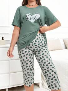 EURMUSE 100% 纯棉 2 件加大码布心印花睡衣套装 - 綠色 - 查看 6