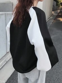FRIFUL Women's Contrast Color Patchwork Letter Print Sweatshirt,Fall Women Clothes - Black - View 2