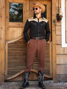 Manfinity Nomadique Vintage Western Cowboy Shirt For Men, Boho Embroidered Chest & Coconut Buttons, Black Long Sleeve Shirt For Festival Streetwear,Concert,Outdoor Activities,Unique Men Gift Idea Button-Down Fit Western Shirt, Fall