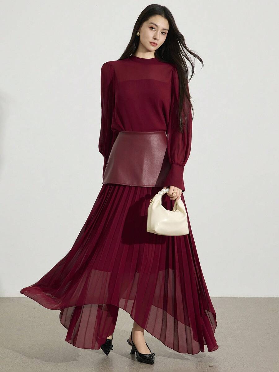 Heiryn Women's Elegant Commuter Shirt & Pleated Skirt 2 Pieces Set - Burgundy - View 1