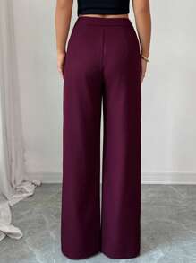 Elenzga 女士优雅秋季腰部设计不对称金属装饰简约纯色西装裤 - 中紫紅色 - 查看 2