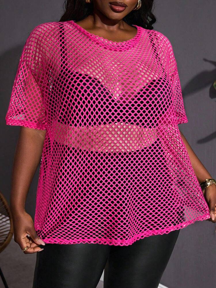 SHEIN CURVE+ Plus Size Black Sheer See-Through Punk Rock Music Festival Top, Curve Plus, Boho Vacation Pink Mesh Top Hot Pink Cover Up - Hot Pink - View 5