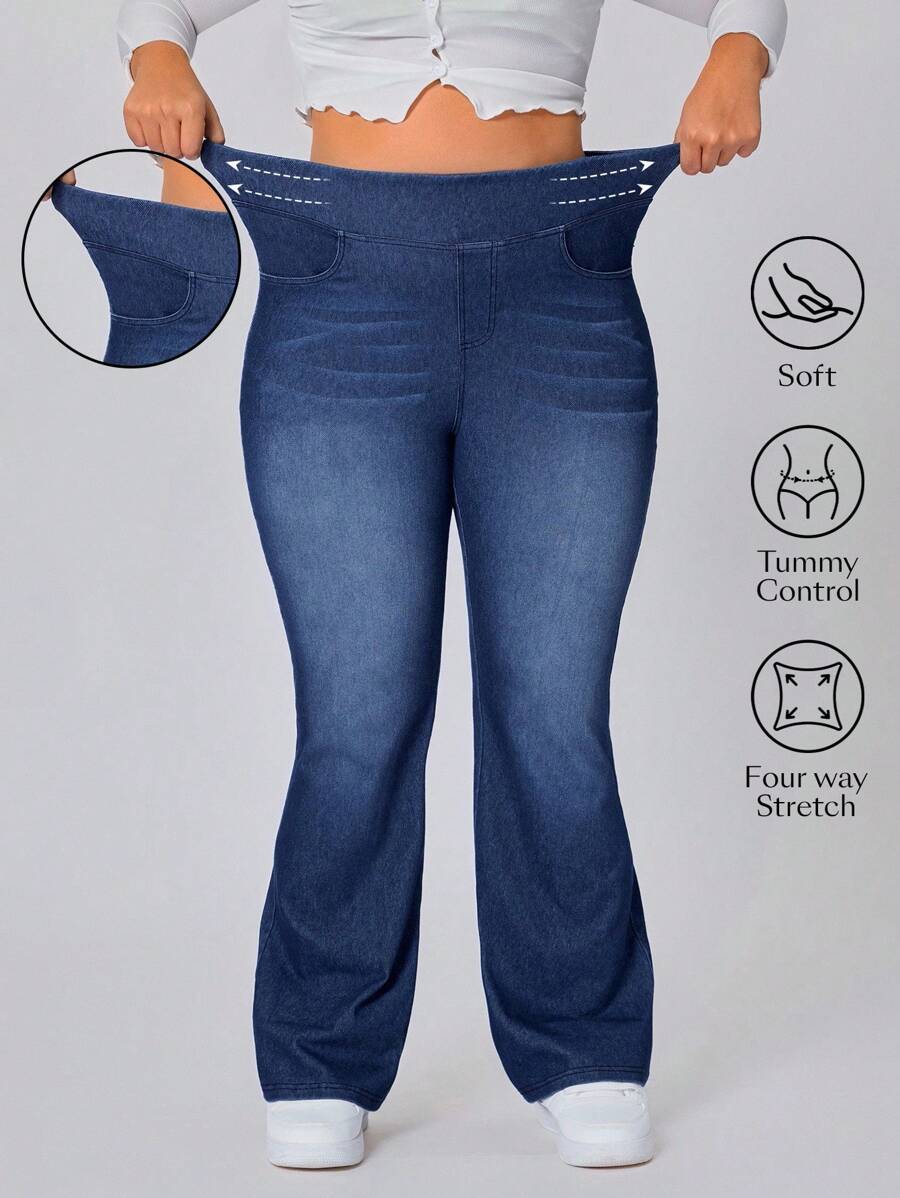 Flexra Plus Size Women Casual Versatile Washed Knit Pants - Dark Wash - View 1