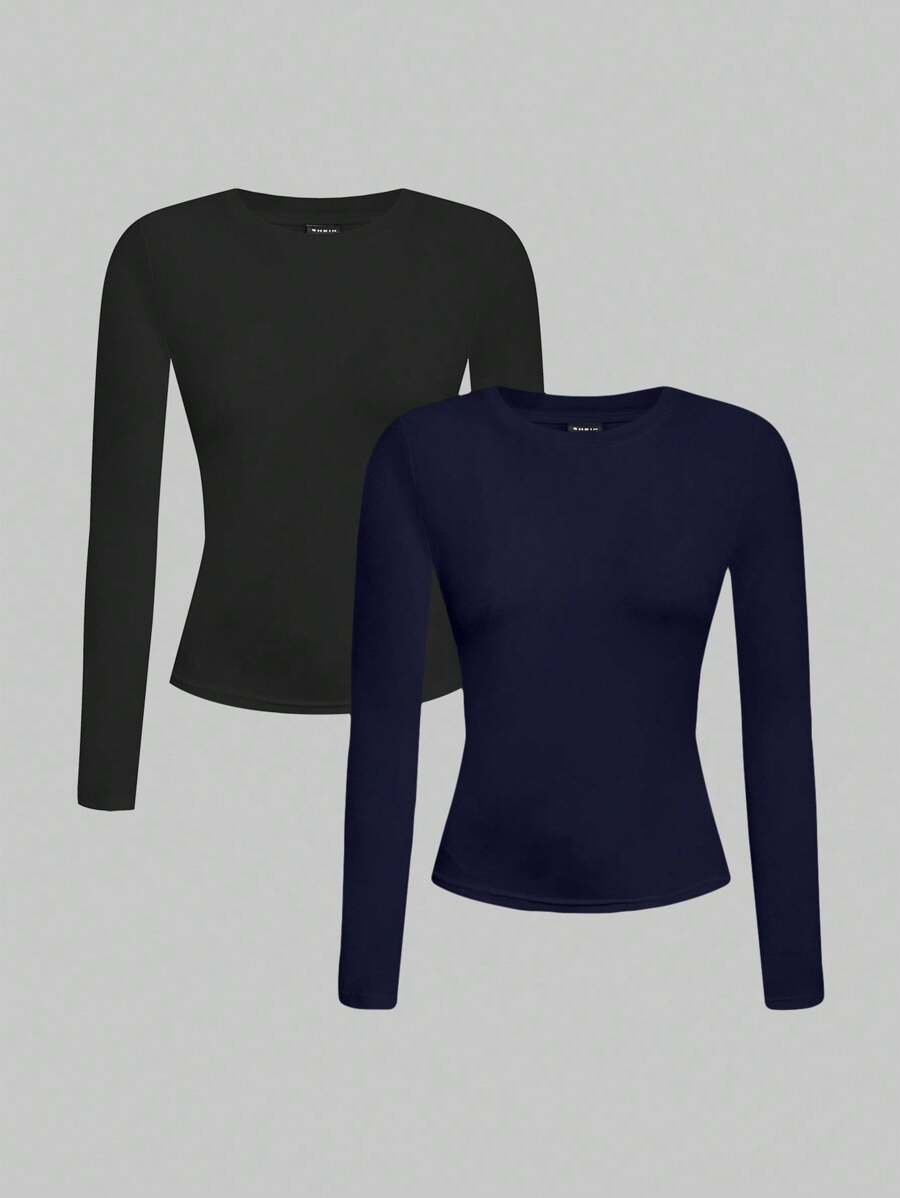 SHEIN EZwear 2 件女式黑色和海军蓝圆领休闲修身长袖 T 恤套装,适合秋冬季 - 彩色 - 查看 1