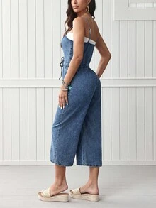 EMERY ROSE 女式前抽绳阔腿休闲牛仔连身裤 - 中等水洗藍 - 查看 2