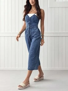 EMERY ROSE 女式前抽绳阔腿休闲牛仔连身裤 - 中等水洗藍 - 查看 4