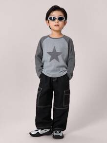 Kids Boys' Casual Everyday Comfortable Patch Pocket Contrast Color Loose Straight Leg Cargo Pants, Suitable For School, Garden, Beach, Birthday, Spring, Summer, Fall, Winter Seasons, Black Jeans, Cargo Pants, Baggy Jeans, Boys Clothes, School Clothes, Baggy Pants, Khaki Pants, Wide Leg Pants