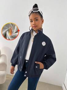 SHEIN Tween Mädchen Mode Muster locker stehender Kragen Reißverschluss Langarm Thermofutter Jacke mit Taschen, Herbst/Winter Oberbekleidung, lässiger Alltags-Tragekomfort