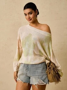 SHEIN VCAY Nuevo suéter de punto ligero con cuello redondo y estampado artístico vintage de teñido anudado para mujer, para primavera/verano en otoño/invierno - Albaricoque - Ver 4