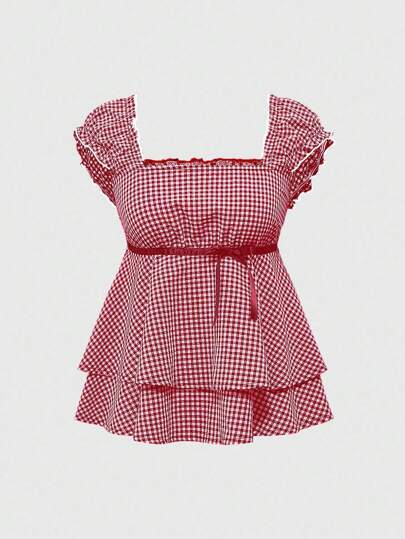 Kawaii Unschuldige Teenager süße Schleifen Dekoration quadratischer Ausschnitt A-Linie kariertes Hemd